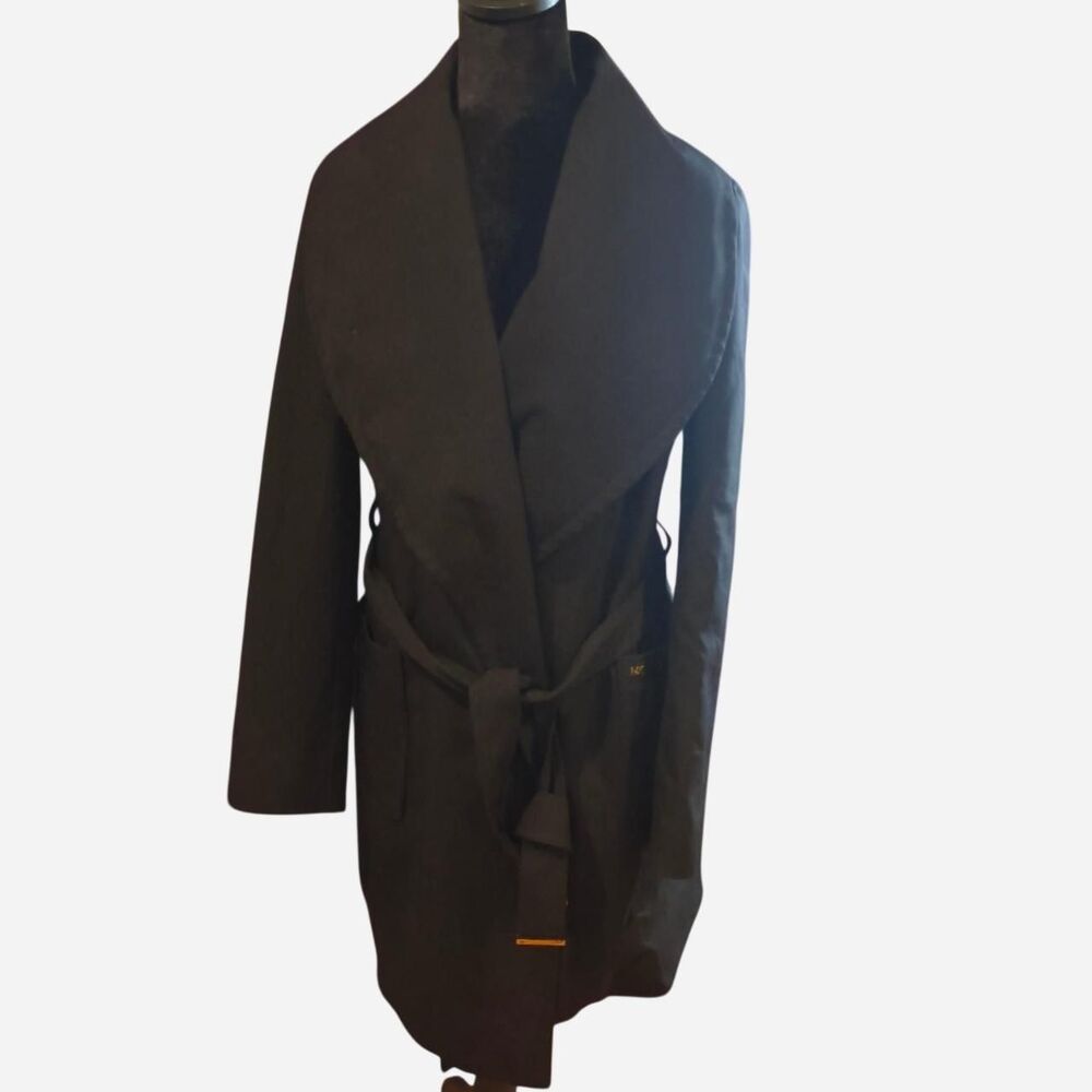 MICHAEL Michael Kors Black Drape Collar Wrap Coat Belted Gold MK Logo Womens S
